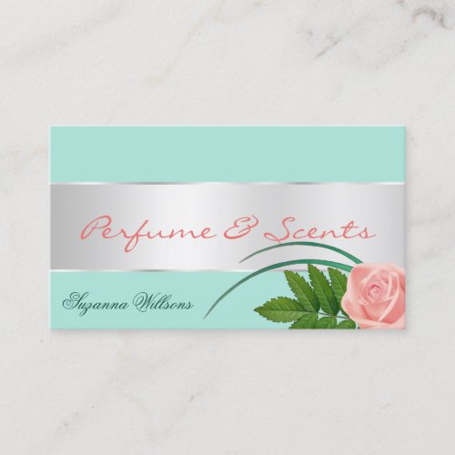 Teal with Silver Decor and Gorgeous Rose Flower Business Card
