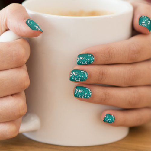 Teal with Silver Floral Ornate Minx Nail Art