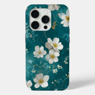 Teal With Soft White Blossoms  iPhone 15 Pro Case