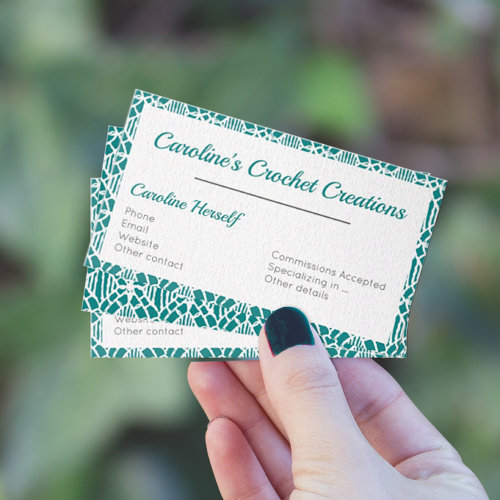 Teal With White Crochet Lace Pattern Business Card