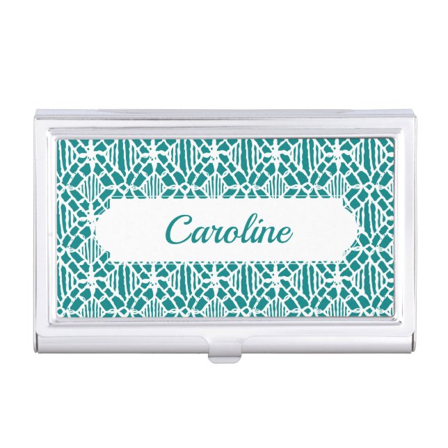 Teal With White Crochet Lace Pattern Business Card Case (Front)