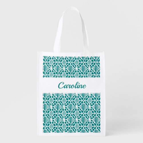 Teal With White Crochet Lace Pattern Grocery Bag