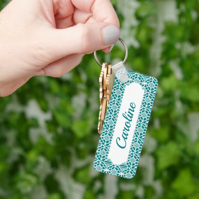 Teal With White Crochet Lace Pattern Keychain (Hand)