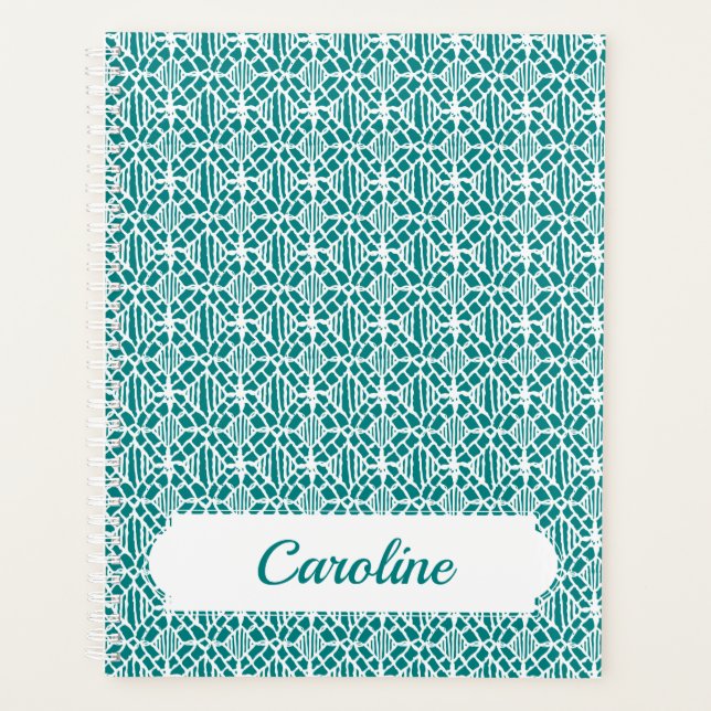 Teal With White Crochet Lace Pattern Planner (Front)