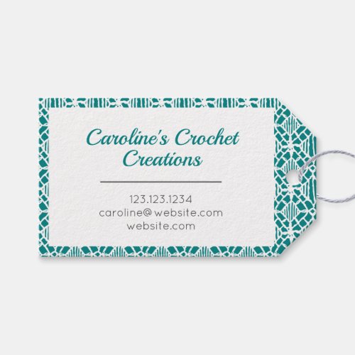 Teal With White Crochet Lace Pattern Tag