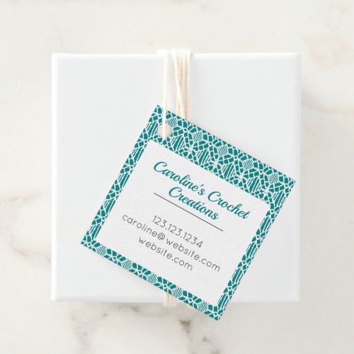 Teal With White Crochet Lace Pattern Tag