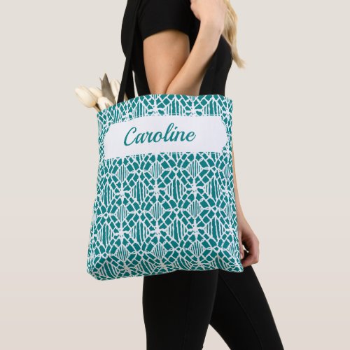 Teal With White Crochet Lace Pattern Tote Bag