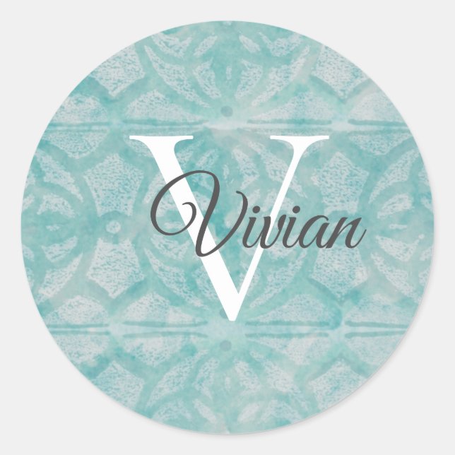  Teal With White Monogram Name Classic Round Sticker (Front)