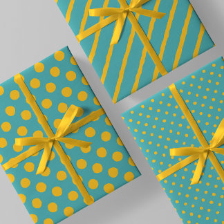Teal With Yellow Messy Stripes & Messy Polka Dots Wrapping Paper Sheets