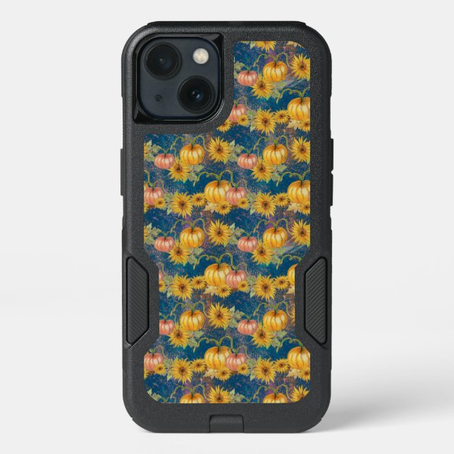 TEAL WITH YELLOW & RED PUMPKINS & SUNFLOWERS OTTERBOX iPhone CASE (Back)