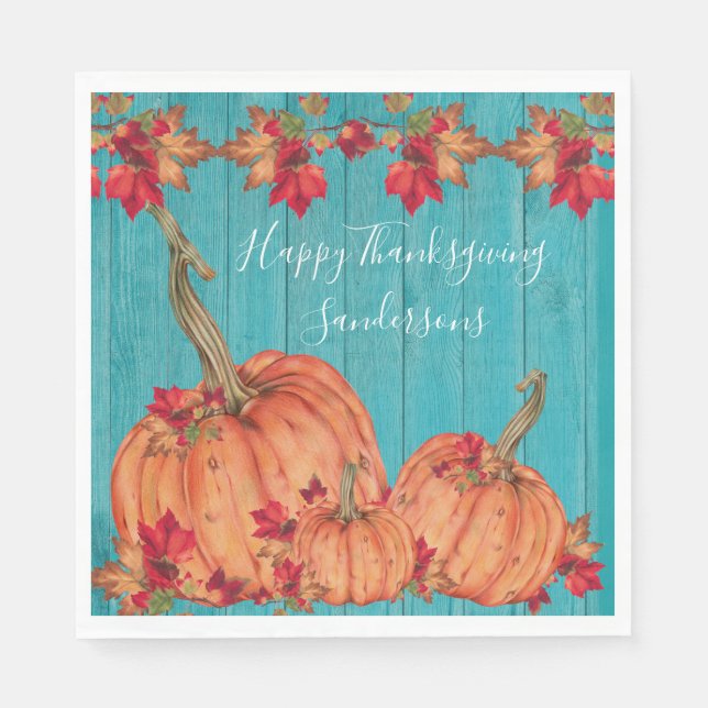 Teal Wood  Autumn Orange Pumpkins Fall Leaves   Napkins (Front)