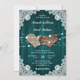 Teal Wood Burlap Floral Lace Country Wedding Invitation