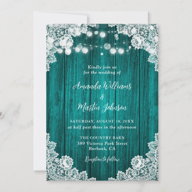 Teal Wood Floral Lace String Lights Rustic Wedding Invitation (Front)
