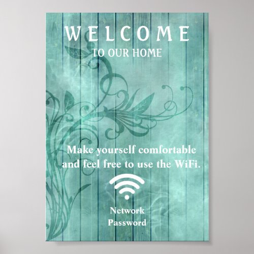 Teal Wood Flourish Shadows Guest Wifi Password Poster