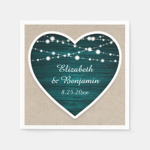 Teal Wood Heart String Lights Burlap Wedding Napkins