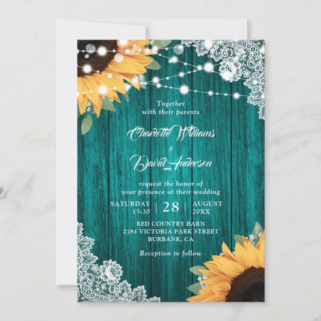 Teal Wood Lace Eucalyptus Lights Sunflower Wedding Invitation (Front)