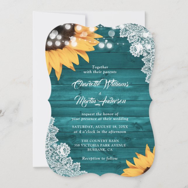 Teal Wood Lace String Lights Sunflower Wedding Invitation (Front)