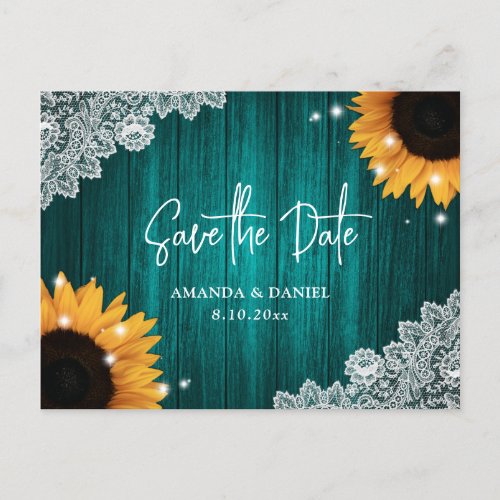 Teal Wood Lace Sunflower Save The Date Postcard