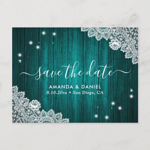 Teal Wood Lace Wedding Save The Date Postcard