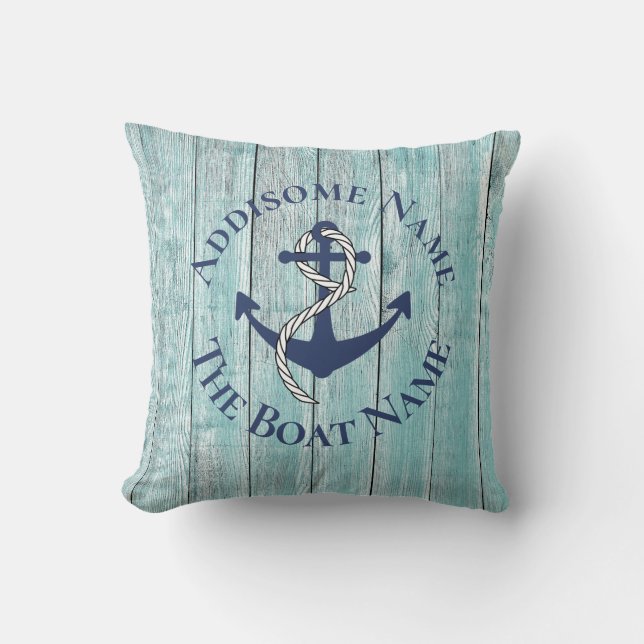 Teal Wood Nautical Family Boat Name Navy Anchor Throw Pillow (Front)