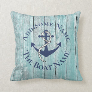 Teal Wood Nautical Family Boat Name Navy Anchor Throw Pillow