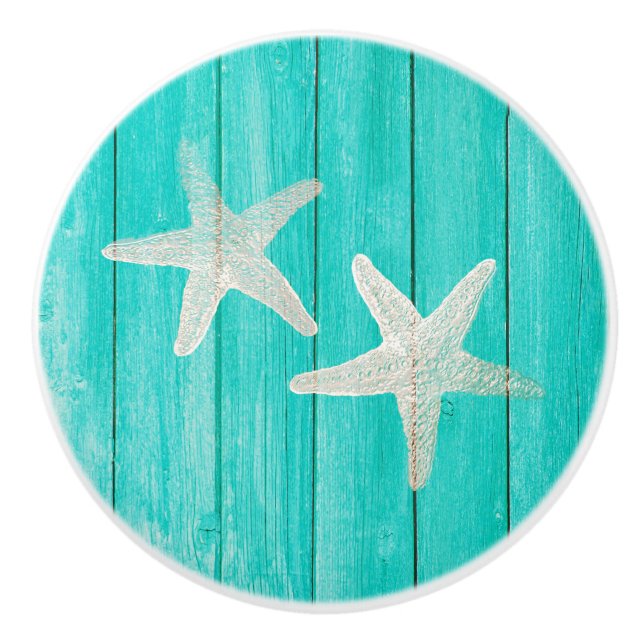 Teal Wood & Starfish Beach Elegant Chic Tropical Ceramic Knob (Front)