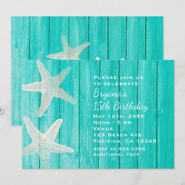 Teal Wood & Starfish Beach Elegant Invitation (Front/Back)