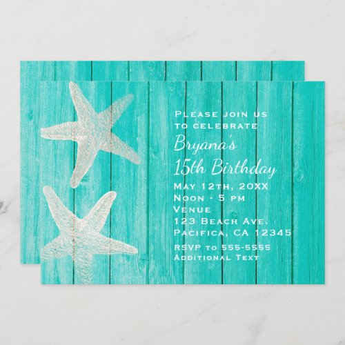 Teal Wood  Starfish Beach Elegant Invitation