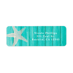 Teal Wood & Starfish Beach Elegant Invitation Label