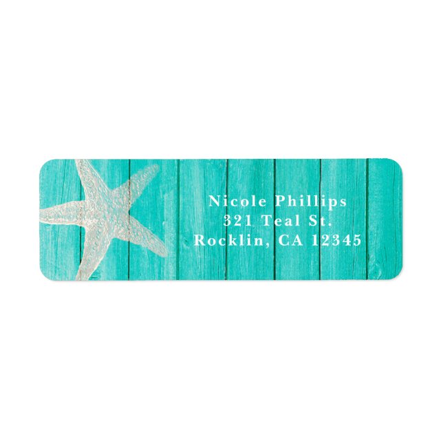 Teal Wood & Starfish Beach Elegant Invitation Label (Front)