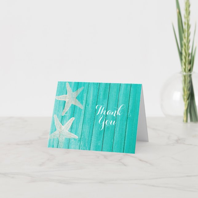 Teal Wood & Starfish Beach Elegant Thank You Card (Front)