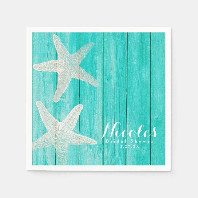 Teal Wood & Starfish Beach Elegant Tropical Chic Napkins (Front)