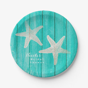 Teal Wood & Starfish Beach Elegant Tropical Chic Paper Plates