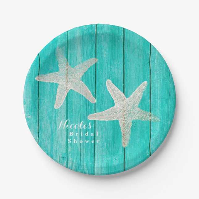 Teal Wood & Starfish Beach Elegant Tropical Chic Paper Plates (Front)