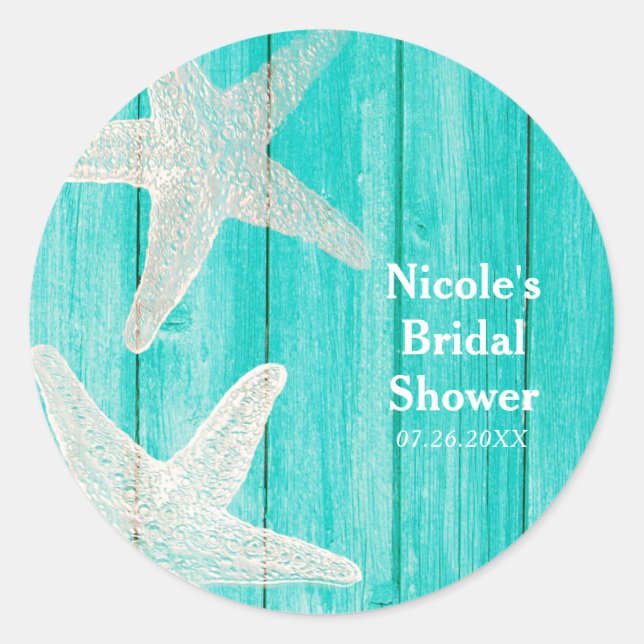 Teal Wood & Starfish Beach Elegant Tropical Favor Classic Round Sticker (Front)