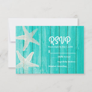 Teal Wood & Starfish Elegant Beach RSVP Card