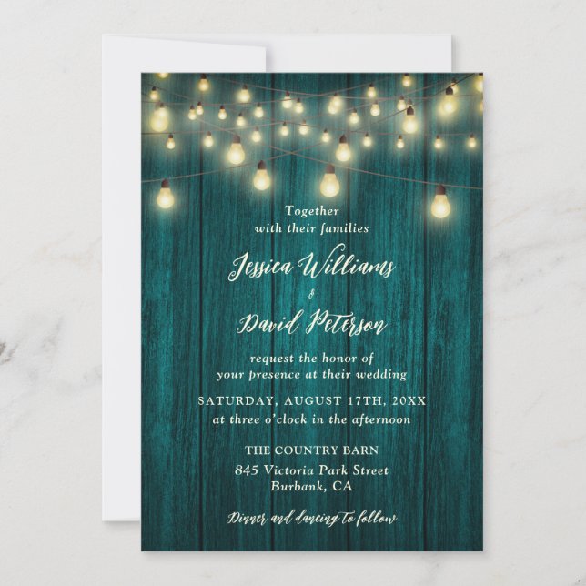 Teal Wood String Lights Country Barn Wedding Invitation (Front)