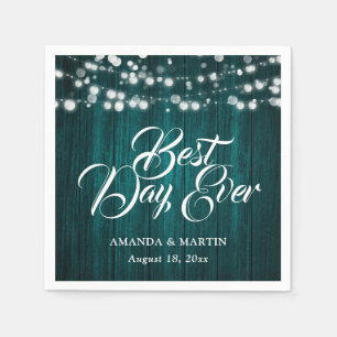 Teal Wood String Lights Rustic Wedding Napkins