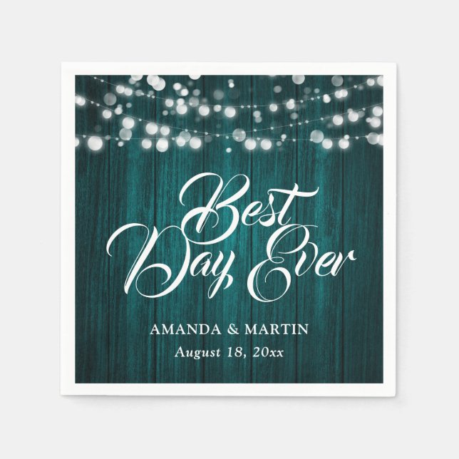 Teal Wood String Lights Rustic Wedding Napkins (Front)