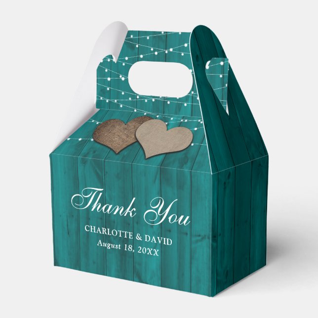 Teal Wood String Lights Wedding Thank You Favor Boxes (Front Side)