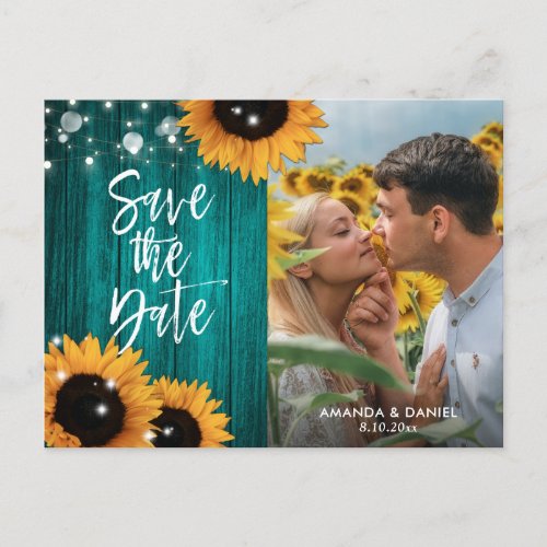Teal Wood Sunflower Save The Date Photo Postcards