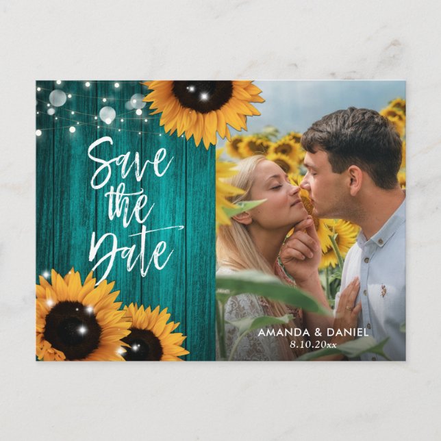 Teal Wood Sunflower Save The Date Photo Postcards (Front)