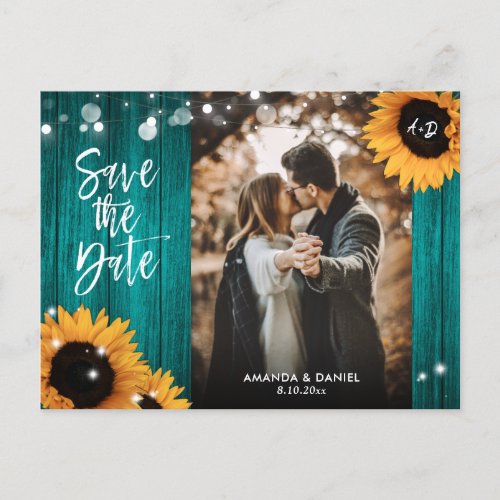 Teal Wood Sunflower Save The Date Photo Postcards
