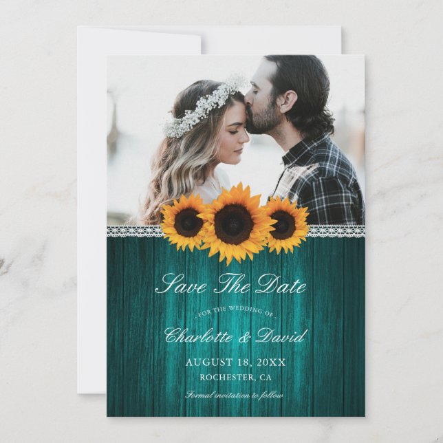 Teal Wood Sunflower Wedding Photo Save The Date (Front)