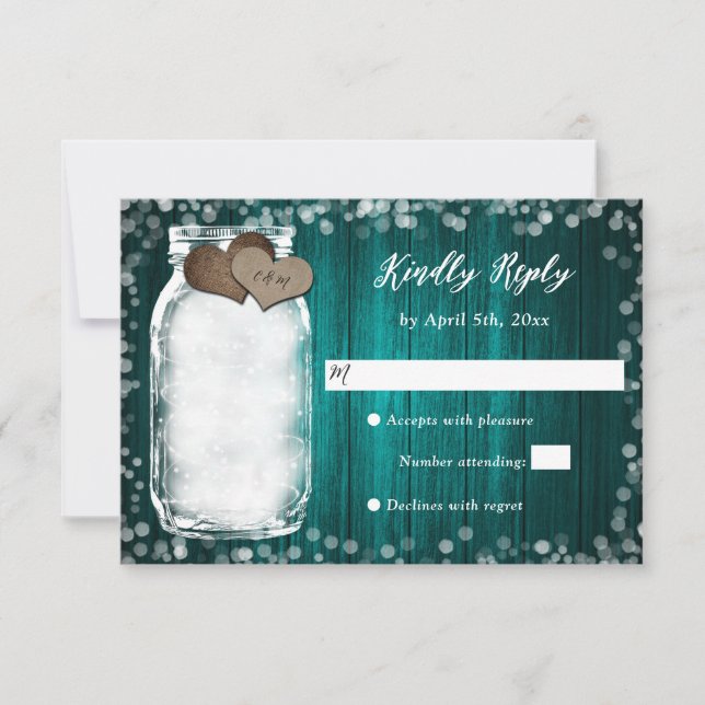 Teal Wood Two Hearts Mason Jar Wedding RSVP Card (Front)