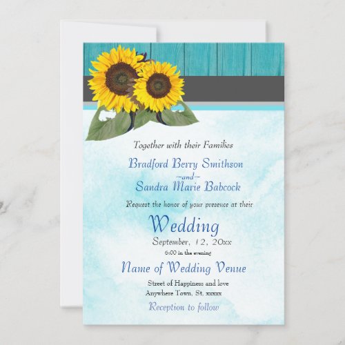 Teal Wood Watercolor Rustic Sunflower Wedding Invitation