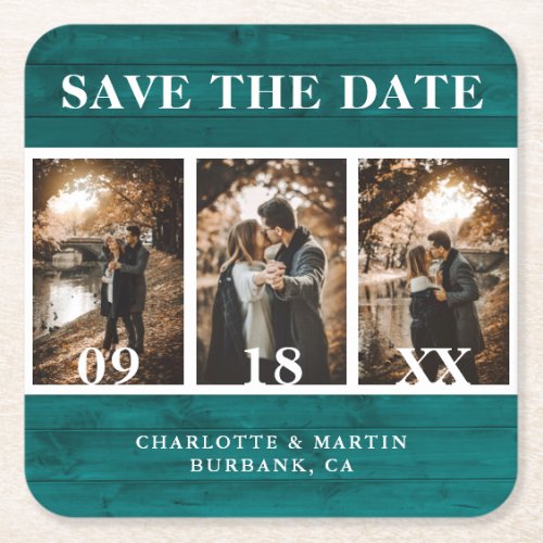 Teal Wood Wedding Photo Save The Date Square Paper Coaster