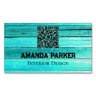 Teal Wooden Modern Simple QR Code Business Card Magnet