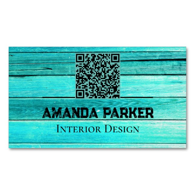 Teal Wooden Modern Simple QR Code Business Card Magnet (Front)