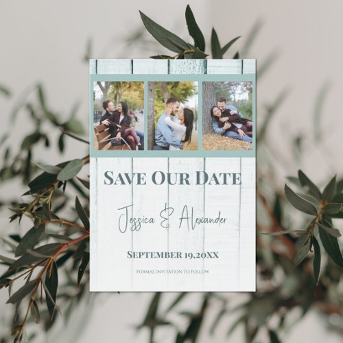 Teal Wooden Photo Collage Save The Date